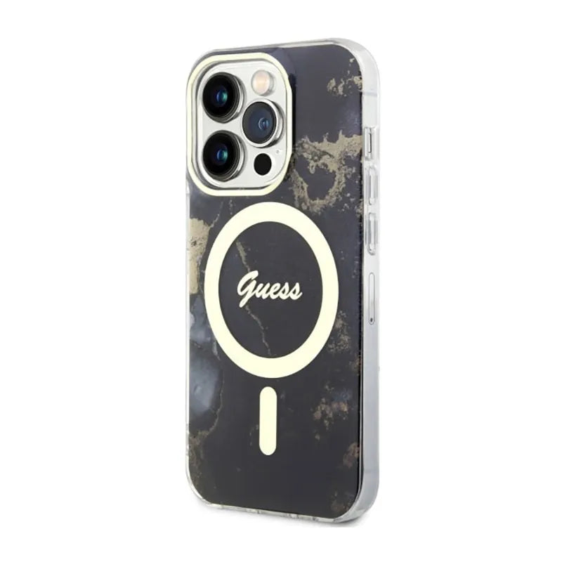 Guess Golden Marble MagSafe - Dėklas iPhone 14 Pro (Juodas)