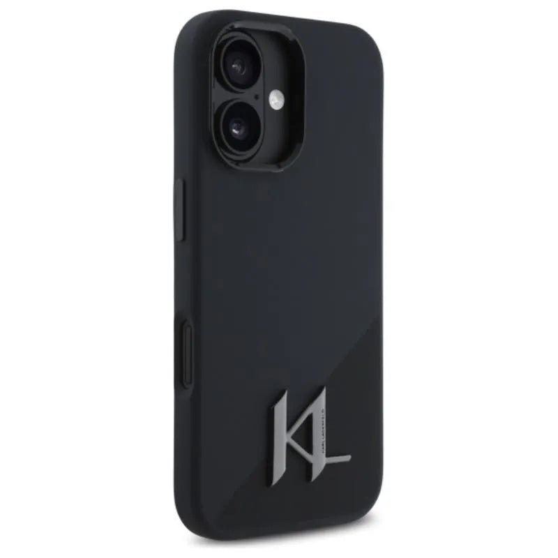 Karl Lagerfeld Silicone Shadow Metal Initial MagSafe – dėklas, skirtas iPhone 16 (juodas)