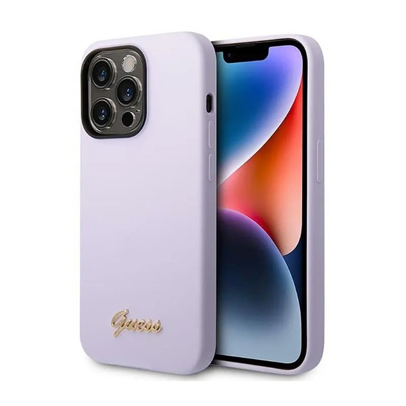 Guess Silicone Vintage – Dėklas iPhone 14 Pro (Violetinis)