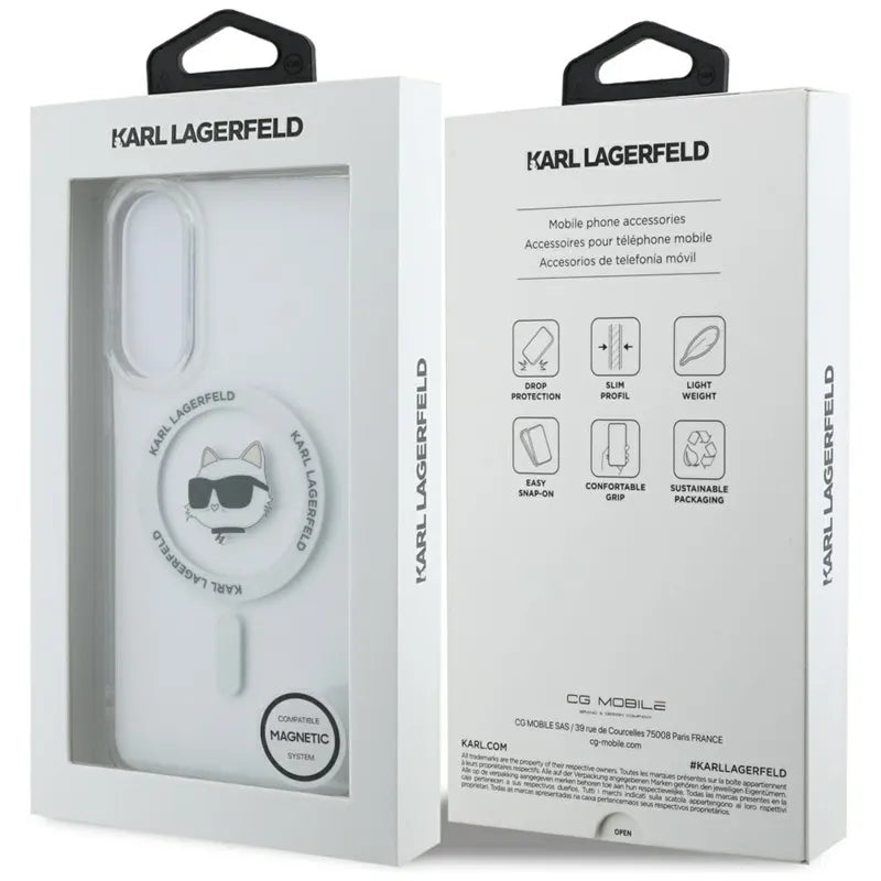 Karl Lagerfeld Button Choupette Head Printed Logo MagSafe – dėklas Samsung Galaxy S25 Edge (baltas)