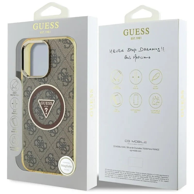 Guess IML Metal Glitter 4G Circle Triangle MagSafe – dėklas iPhone 16 Pro (rudas)