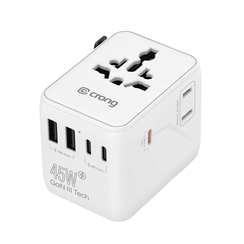 Crong One World kelioninis adapteris – universalus GaN kelioninis adapteris 45W UK/EU/US/AU (baltas)