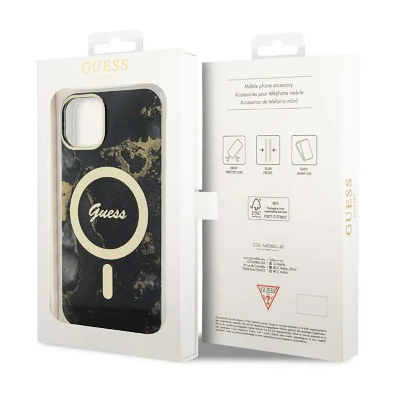 Guess Golden Marble MagSafe – dėklas iPhone 14 (juodas)