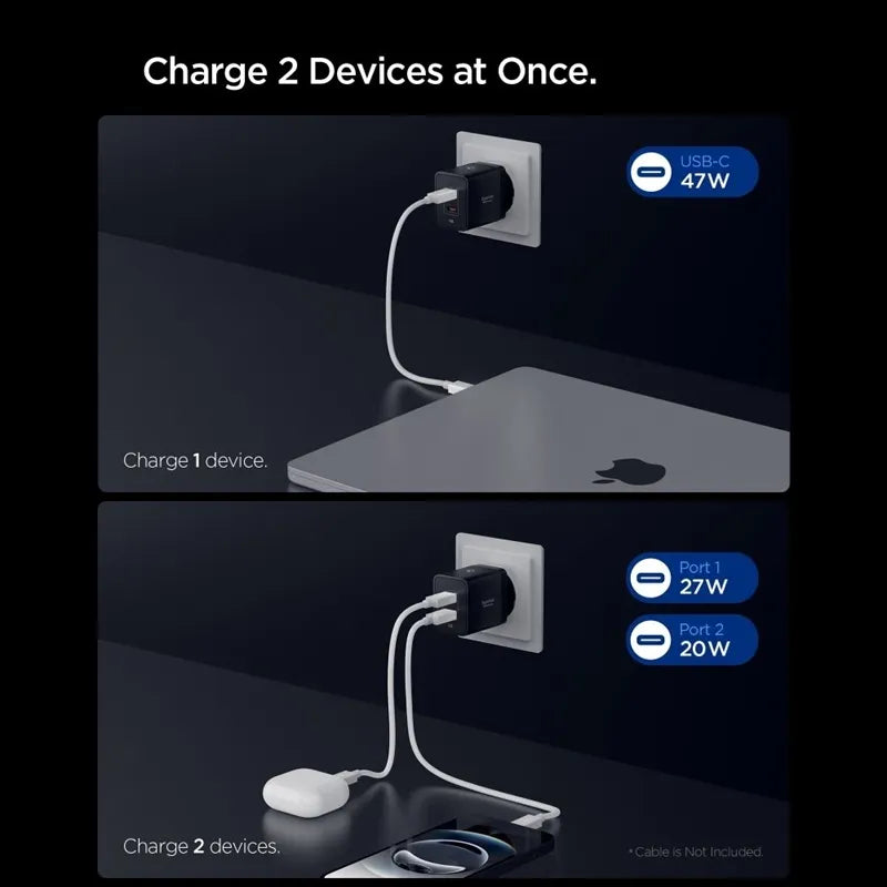 Spigen Essential EE472EU GaN Pro – 2x USB-C 47W sieninis įkroviklis (juodas)