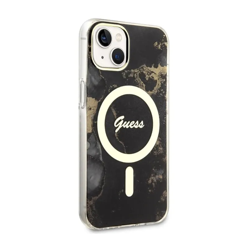 Guess Golden Marble MagSafe – dėklas iPhone 14 Plus telefonui (juodas)