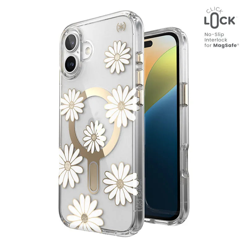 Speck Presidio Lux ClickLock & MagSafe - iPhone 16 Plus dėklas (Sunshine Daisies / Skaidrus / Auksinis)