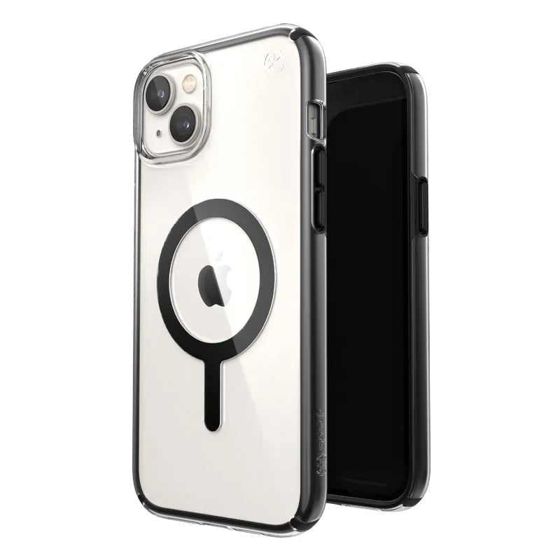 Speck Presidio Perfect-Clear su Impact Geometry® + MagSafe – dėklas, skirtas iPhone 15 Plus / 14 Plus su MICROBAN danga (skaidrus / juodas)