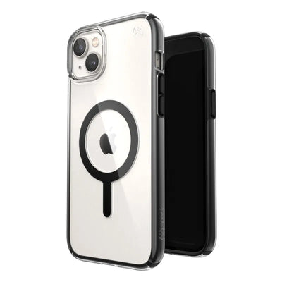Speck Presidio Perfect-Clear su Impact Geometry® + MagSafe – dėklas, skirtas iPhone 15 Plus / 14 Plus su MICROBAN danga (skaidrus / juodas)