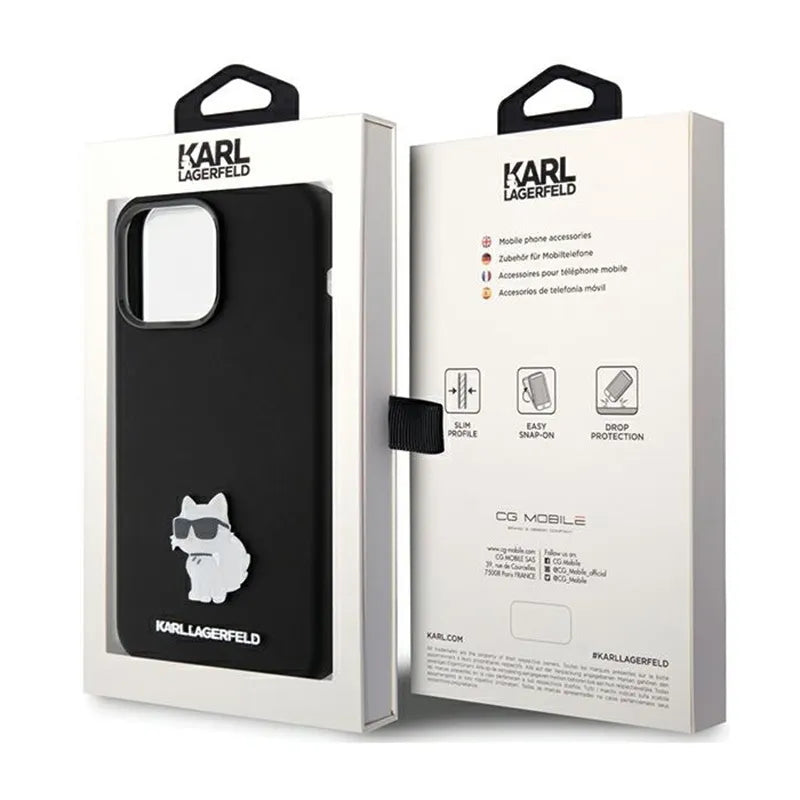 Karl Lagerfeld Silicone Choupette Metal Pin – dėklas iPhone 15 Pro Max (juodas)
