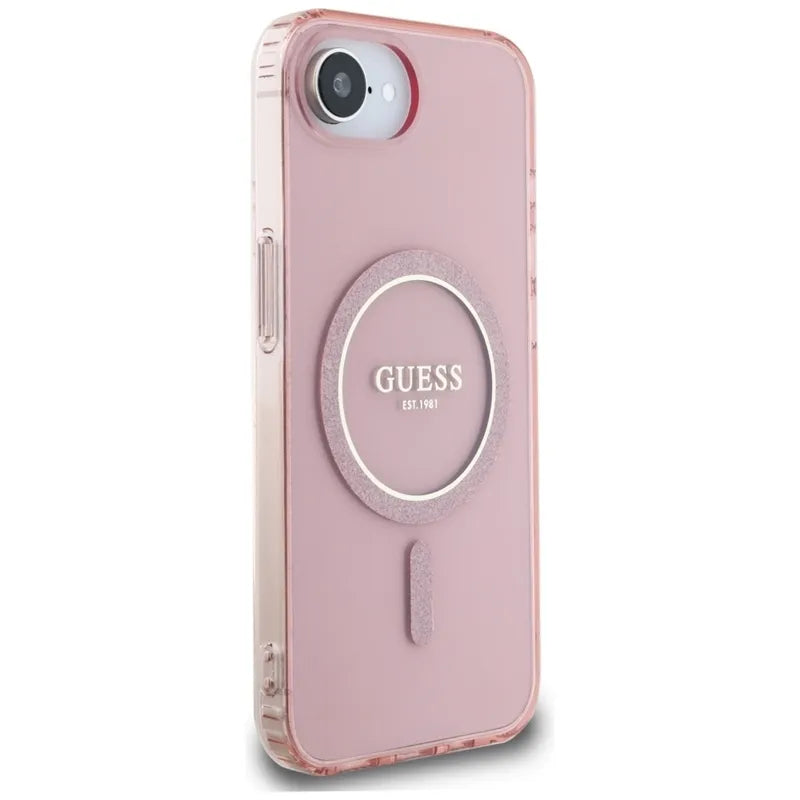 Guess IML Glitter Circle MagSafe – dėklas iPhone 16e (rožinis)