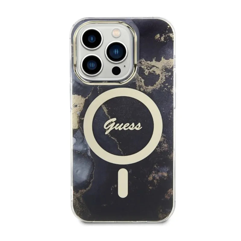 Guess Golden Marble MagSafe - Dėklas iPhone 14 Pro (Juodas)