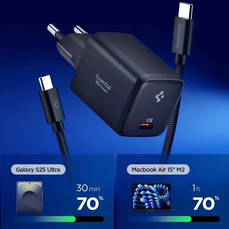„Spigen EE451EU Essential GaN Pro“ – USB-C PD PPS 45 W sieninis įkroviklis + 1 m USB-C laidas (juodas)