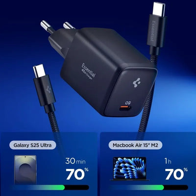„Spigen EE451EU Essential GaN Pro“ – USB-C PD PPS 45 W sieninis įkroviklis + 1 m USB-C laidas (juodas)