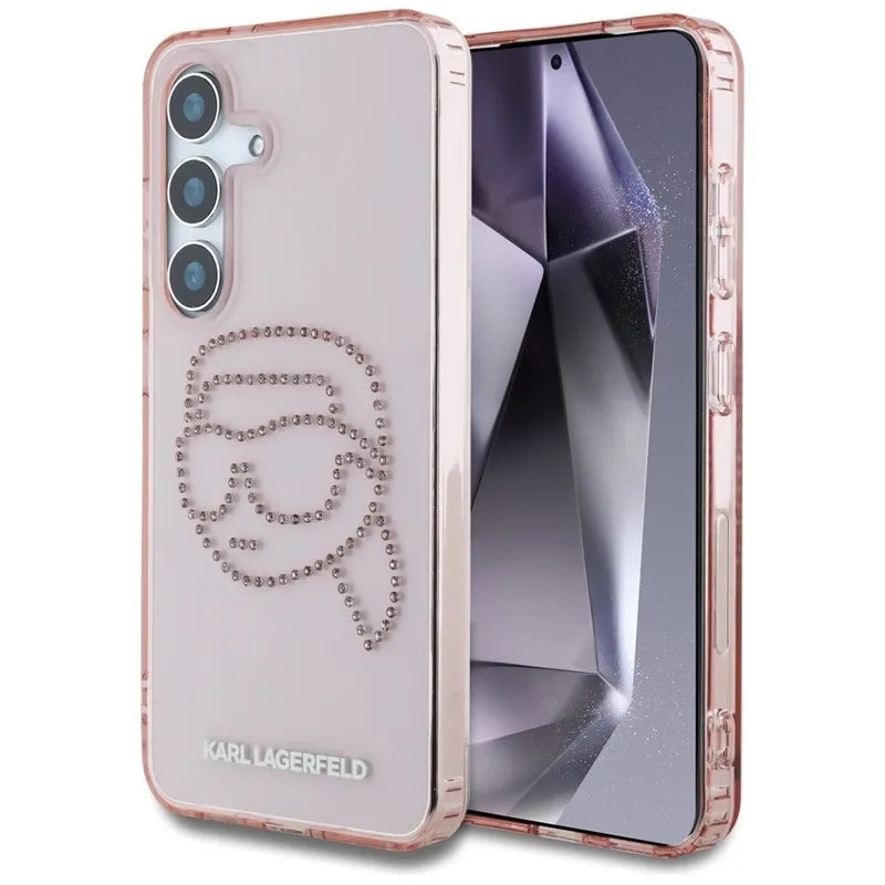 Karl Lagerfeld Rhinestones Karl Head Logo – dėklas Samsung Galaxy S25 (rožinis)