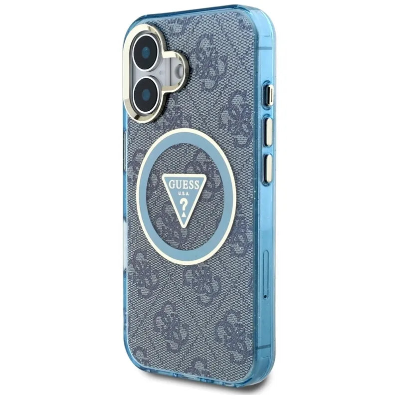 Guess IML Metal Glitter 4G Circle Triangle MagSafe – dėklas iPhone 16 (mėlynas)