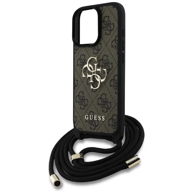 Guess 4G Big Logo Cord Strap Crossbody – dėklas iPhone 16 Pro Max (rudas)