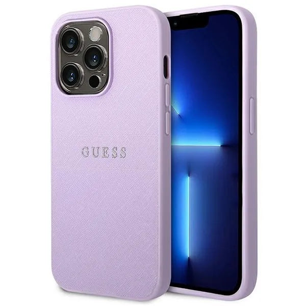 Guess Saffiano Metal Logo Stripes – dėklas, skirtas iPhone 14 Pro (alyvinės spalvos)