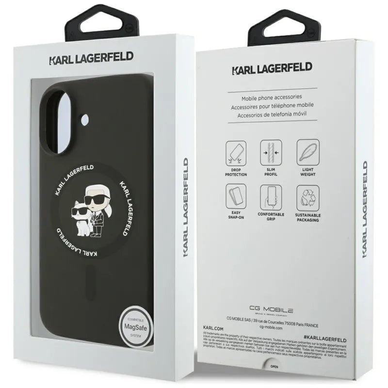 Karl Lagerfeld Silicone Karl & Choupette Ring MagSafe – dėklas iPhone 17 (juodas)