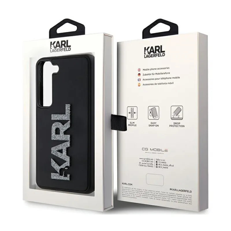 Karl Lagerfeld 3D Rubber Glitter Logo – dėklas Samsung Galaxy S23+ (juodas)