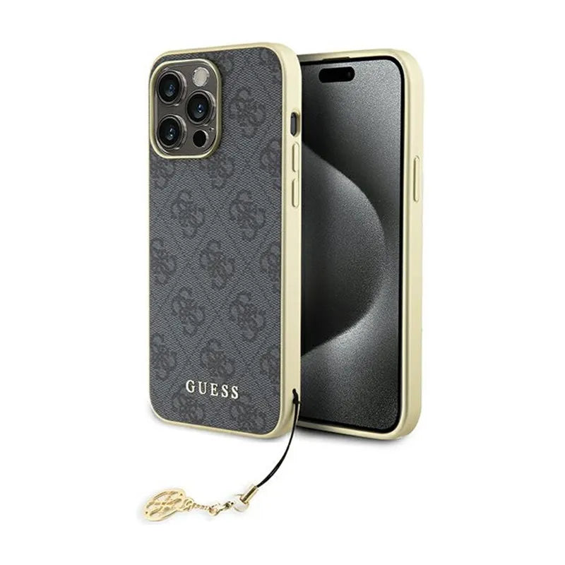Guess 4G Charms Collection dėklas, skirtas iPhone 15 Pro Max (pilkas)