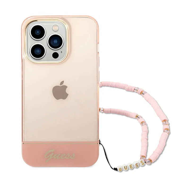 „Guess Translucent Pearl Strap“ - dėklas „iPhone 14 Pro Max“ (rožinis)