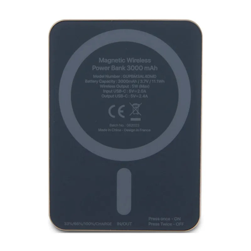 Guess Metal Script Logo MagSafe – indukcinis maitinimo bankas 3000 mAh 5W MagSafe (auksinis)