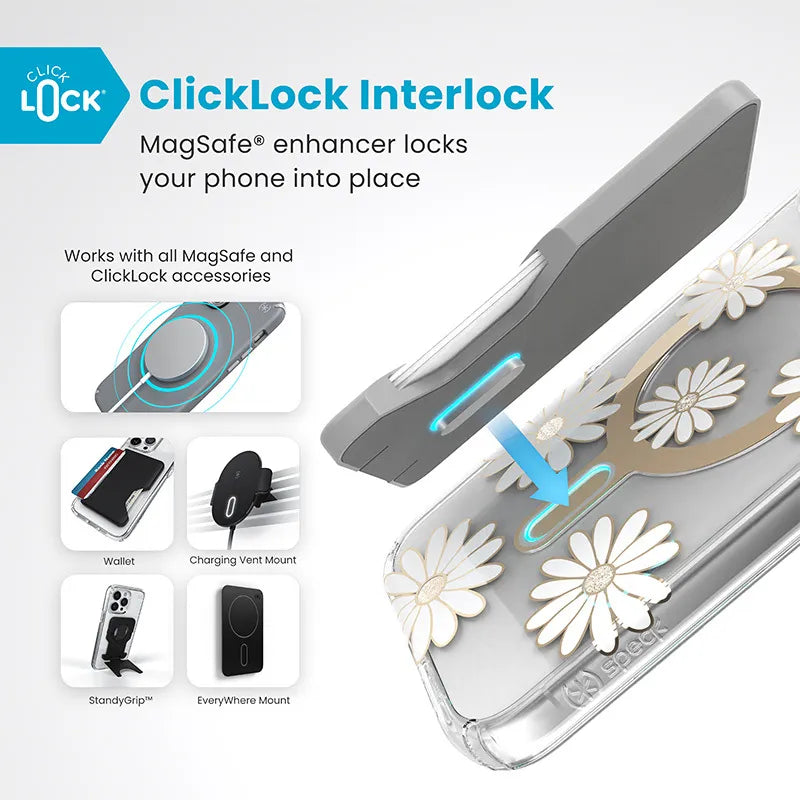 Speck Presidio Lux ClickLock & MagSafe - iPhone 16 Plus dėklas (Sunshine Daisies / Skaidrus / Auksinis)