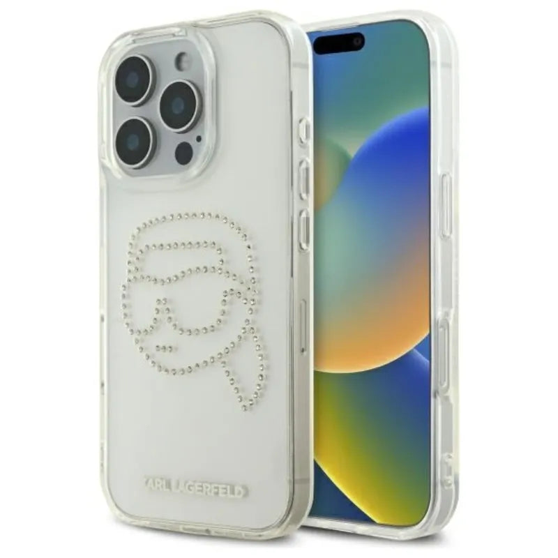 Karl Lagerfeld IML Rhinestones Karl Head – dėklas iPhone 16 Pro Max (skaidrus)