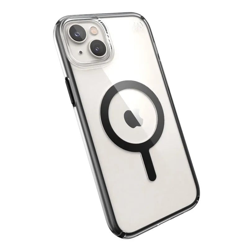 Speck Presidio Perfect-Clear su Impact Geometry® + MagSafe – dėklas, skirtas iPhone 15 Plus / 14 Plus su MICROBAN danga (skaidrus / juodas)