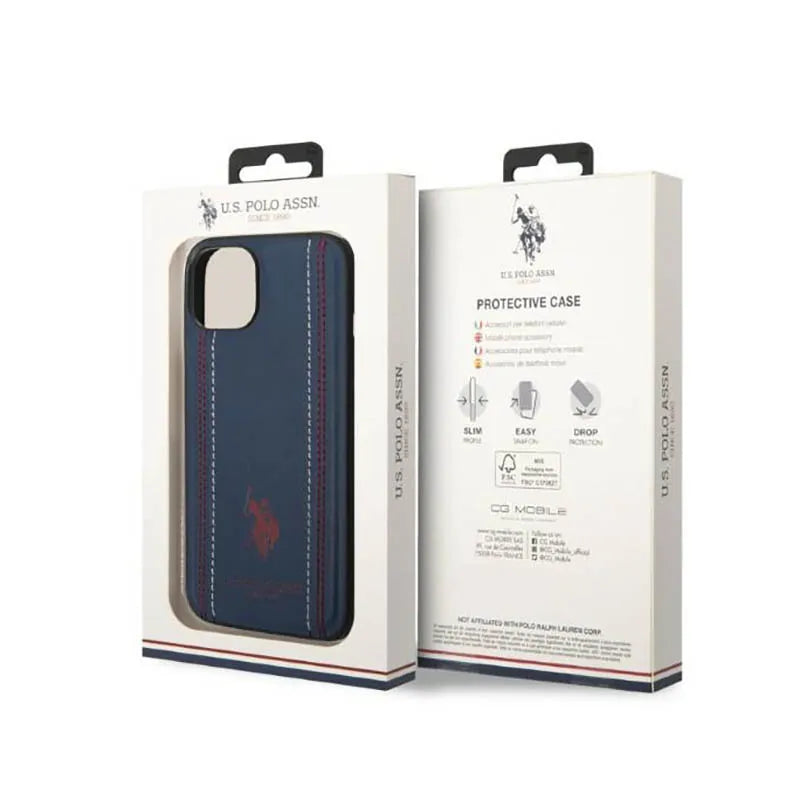 US Polo Assn Leather Stitch – dėklas iPhone 14 Plus (tamsiai mėlynas)
