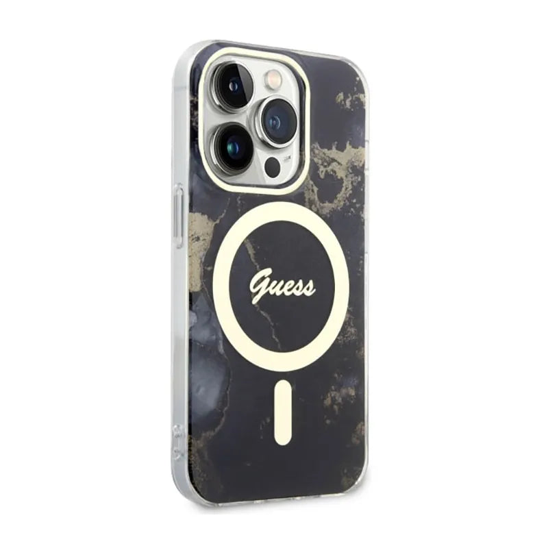 Guess Golden Marble MagSafe - Dėklas iPhone 14 Pro (Juodas)