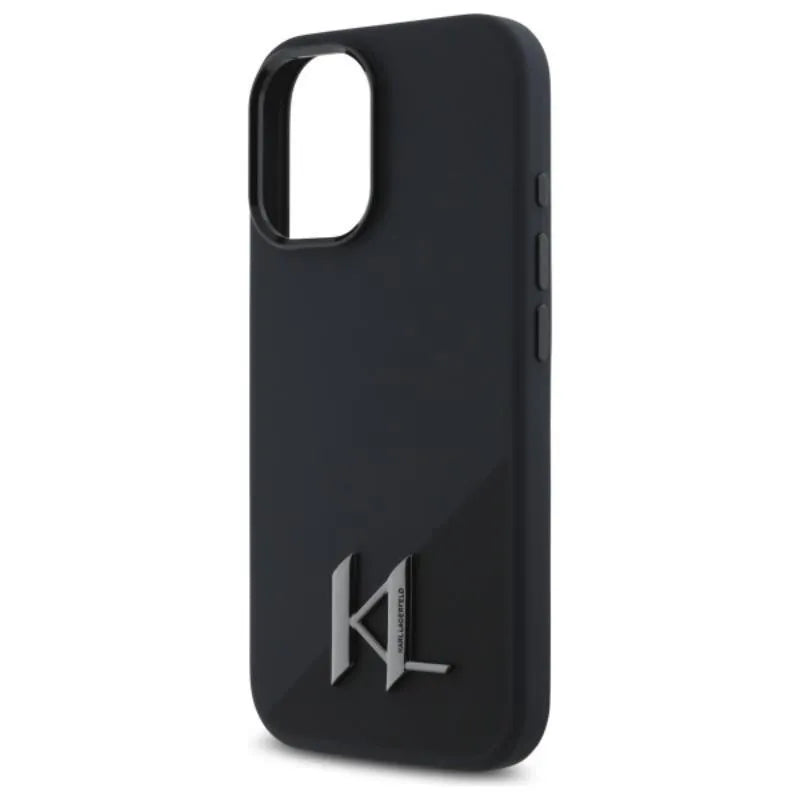 Karl Lagerfeld Silicone Shadow Metal Initial MagSafe – dėklas, skirtas iPhone 16 (juodas)