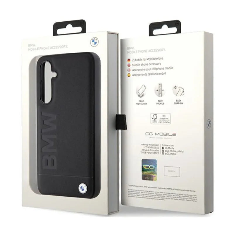 BMW Leather Hot Stamp dėklas Samsung Galaxy S23 FE išmaniajam telefonui (juodas)