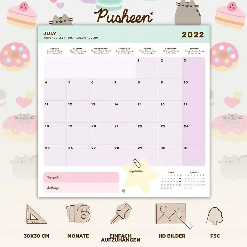 Pusheen - 2022 m. sieninis kalendorius iš „Foodie“ kolekcijos, 30 x 30 cm