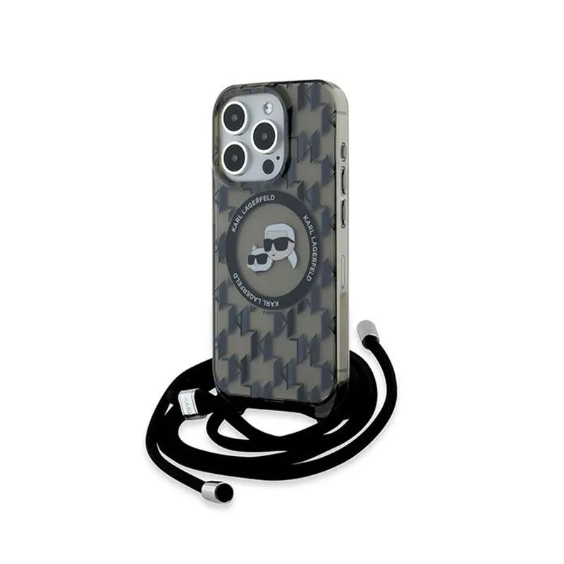 Karl Lagerfeld IML Crossbody Monogram Karl & Choupette Head MagSafe – dėklas iPhone 15 Pro (juodas)