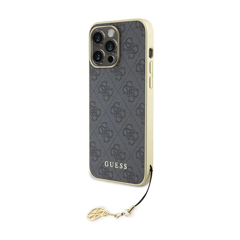 Guess 4G Charms Collection dėklas, skirtas iPhone 15 Pro Max (pilkas)