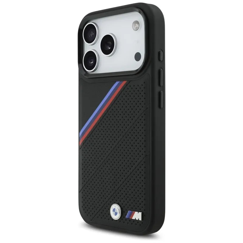 BMW M Tricolor Metal Logo MagSafe – „iPhone 17 Pro“ dėklas (juodas)