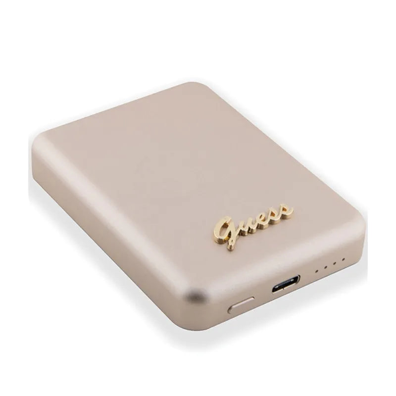 Guess Metal Script Logo MagSafe – indukcinis maitinimo bankas 3000 mAh 5W MagSafe (auksinis)