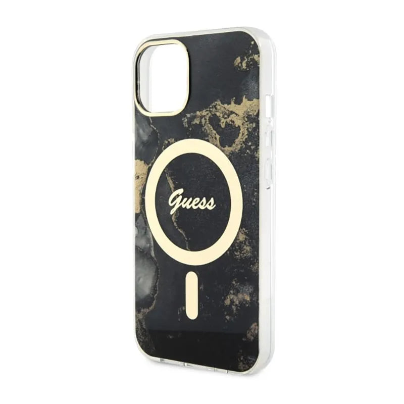 Guess Golden Marble MagSafe – dėklas iPhone 14 Plus telefonui (juodas)