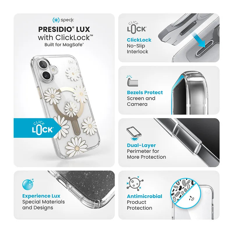 Speck Presidio Lux ClickLock & MagSafe - iPhone 16 Plus dėklas (Sunshine Daisies / Skaidrus / Auksinis)