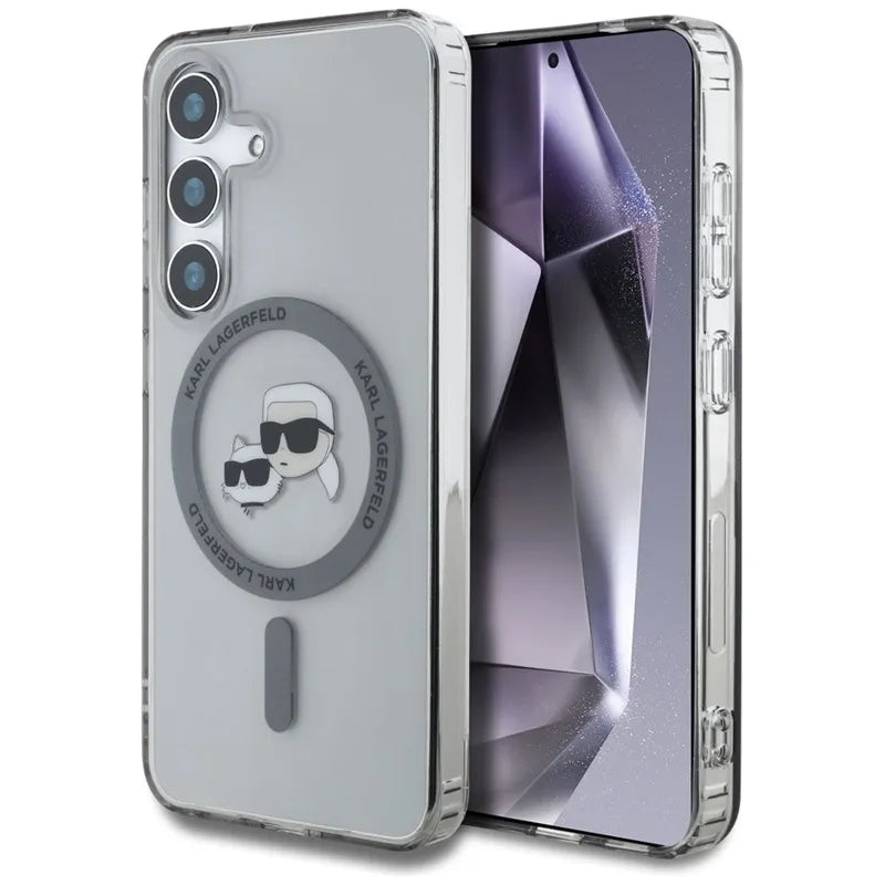 Karl Lagerfeld Button Karl & Choupette Heads Printed Logo MagSafe – dėklas Samsung Galaxy S25+ (juodas)