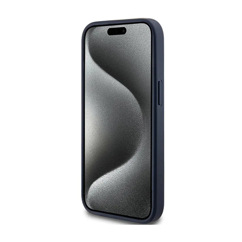 Guess 4G Triangle Metal Logo – dėklas iPhone 15 Plus (mėlynas)