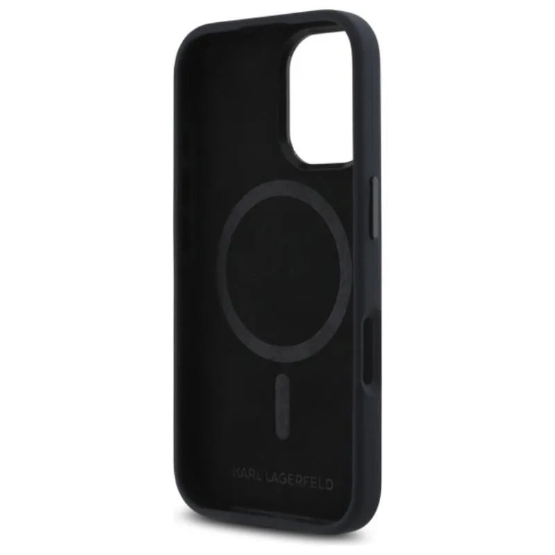 Karl Lagerfeld Silicone Shadow Metal Initial MagSafe – dėklas, skirtas iPhone 16 (juodas)
