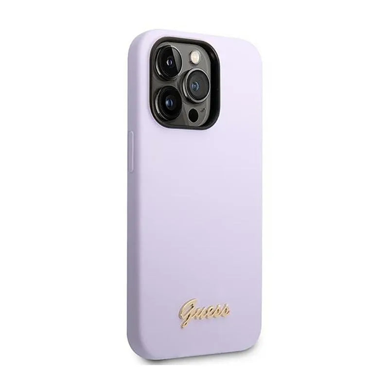 Guess Silicone Vintage – Dėklas iPhone 14 Pro (Violetinis)
