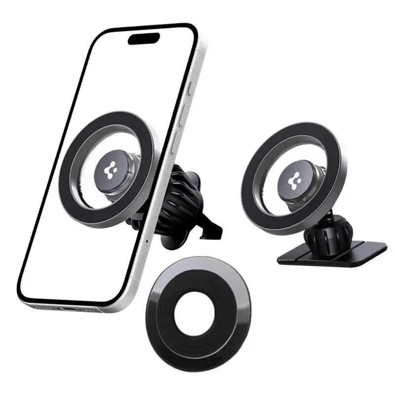 Spigen MFT13 magnetinis automobilinis laikiklis prietaisų skydeliui ir ventiliacijos grotelėms – magnetinis automobilinis laikiklis „MagSafe“ (sidabrinis)
