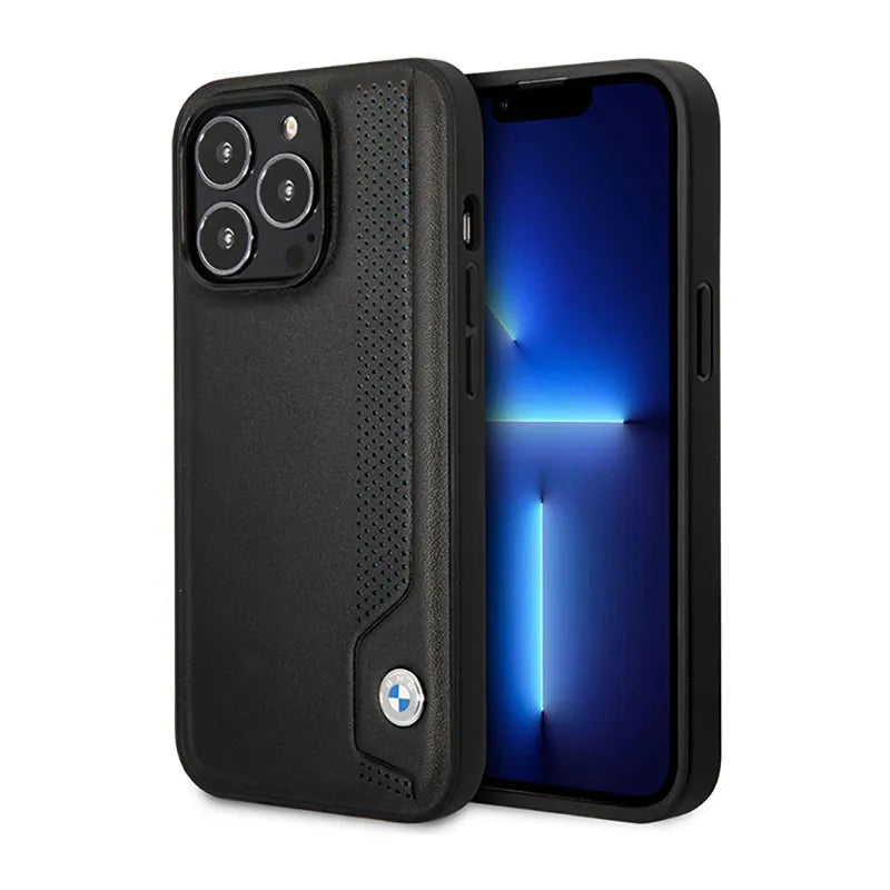 BMW Leather Blue Dots – dėklas iPhone 14 Pro Max (juodas)