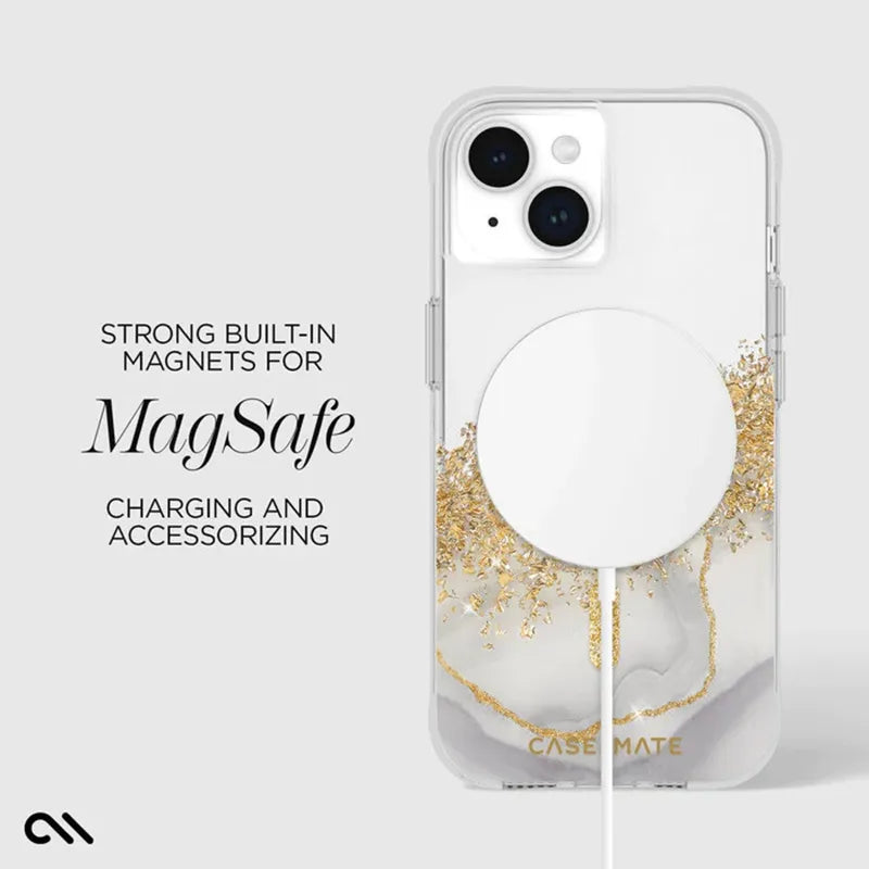 Case-Mate Karat MagSafe – auksu dekoruotas „iPhone 15 Plus“ dėklas (marmuro rašto)
