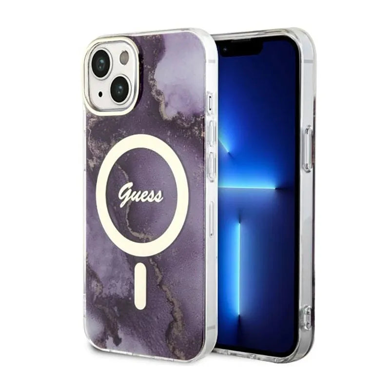 Guess Golden Marble MagSafe - Dėklas iPhone 14 (Violetinis)
