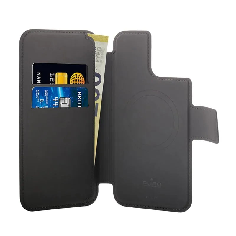 PURO Folio MagSafe dėklas - 2in1 dėklas, skirtas iPhone 15 Plus / 14 Plus / 12 Pro Max (juodas)