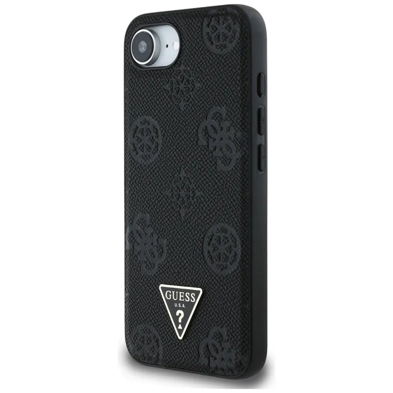 Guess Grained Hot Stamp Peony Triangle Logo MagSafe – Dėklas iPhone 16e telefonui (juodas)